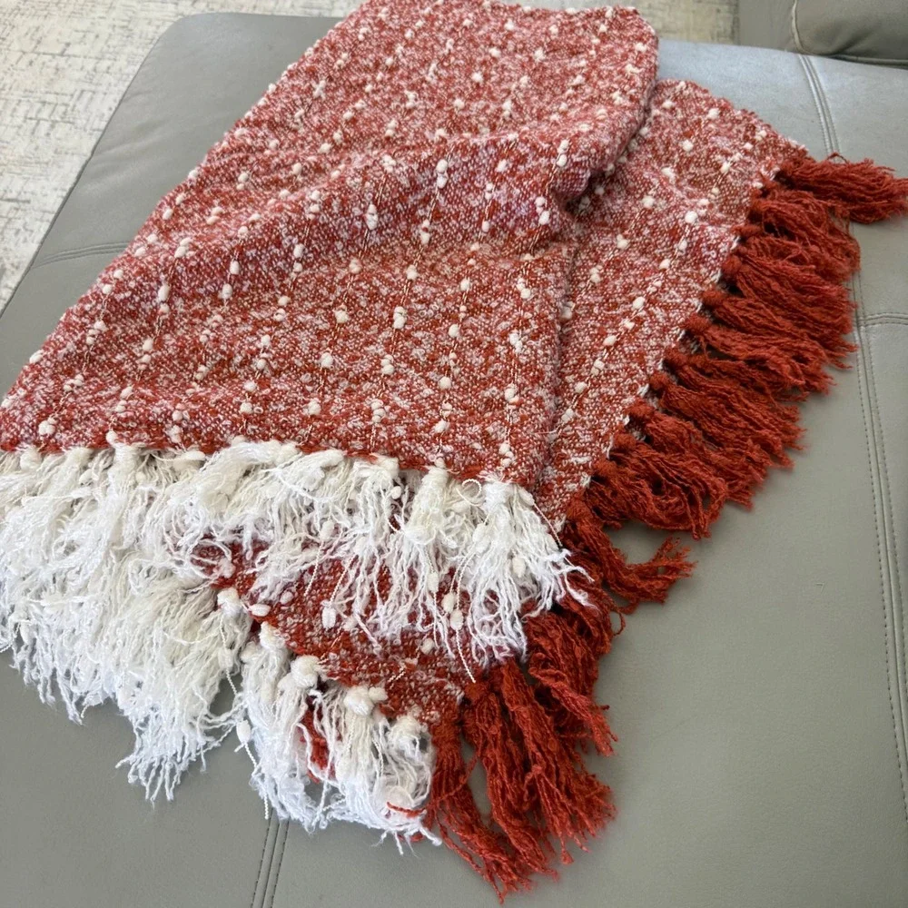 BB Shabby Chic Rust Orange White Textured Woven Throw Blanket with Fringe‎ Trim